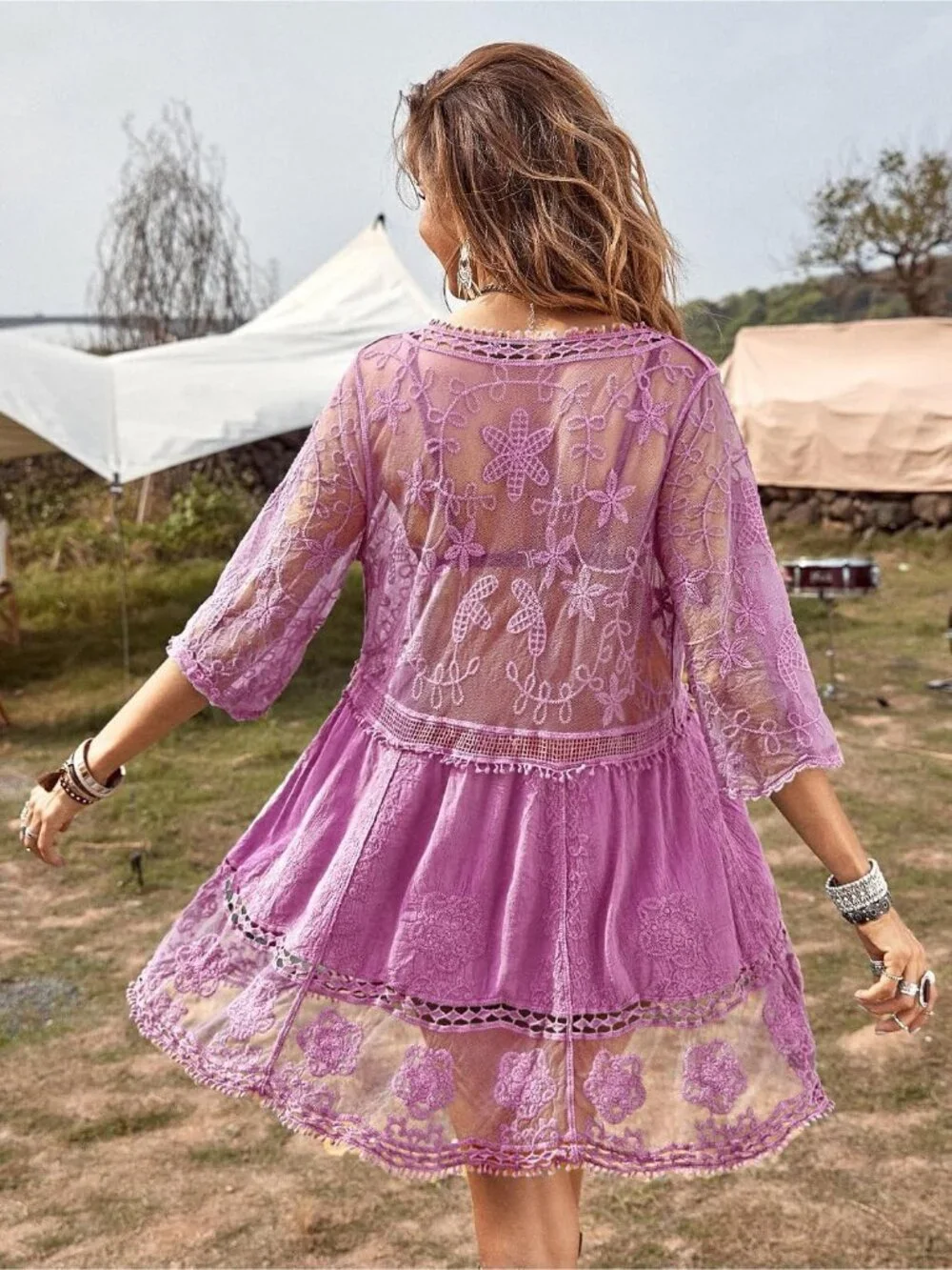 Womens Light Purple Rayon V-Neck Coverup Mesh Lace Bathing Suit Swimsuit Coverup